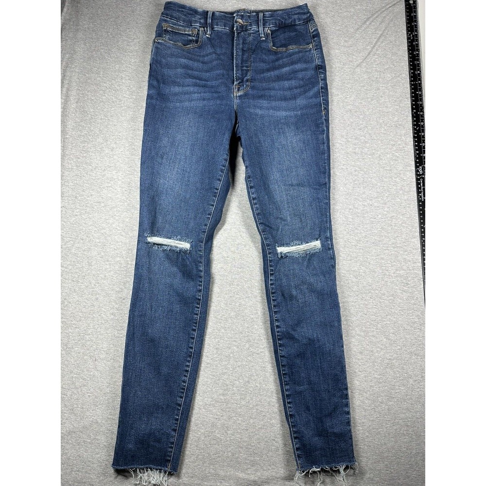 Good American Good Legs Jeans Women's 4/27 Skinny Dark Wash Blue Stretch Raw Hem